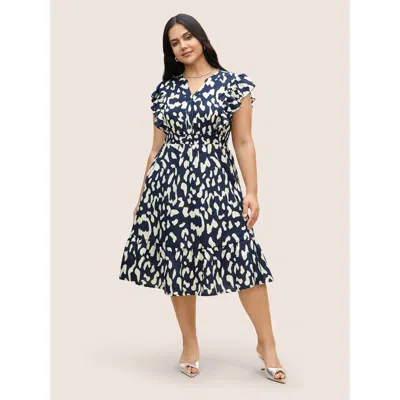 Bloomchic Women's Plus Size Notched Leopard Print Cap Sleeve Ruffles Dress Navy Leopard Midi Office Button Fro In Blue