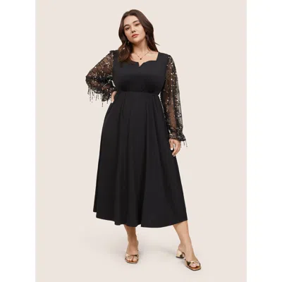 Bloomchic Women's Plus Size Notched Mesh Gathered Sequin Tassel Trim Dress Black Going Out Sequin 10/m