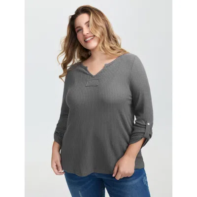 Bloomchic Women's Plus Size Notched Neck Tab Sleeve Waffle T-shirt Dimgray Synthetic Texture Casual Long Sleev