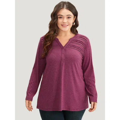 Bloomchic Women's Plus Size Notched Pleated Button Up T-shirt Redviolet Dailywear Long Sleeve 12/l