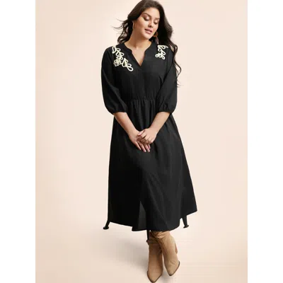 Bloomchic Women's Plus Size Notched Stereo Flower Design Midi Dress Black Non Midi Vacation Woven Ribbon&lace 