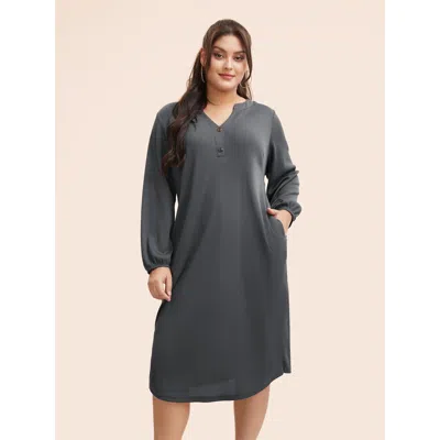Bloomchic Women's Plus Size Notched Waffle Knit Button Detail Dress Darkgray Non Midi Casual Texture 14-16/1x In Gray