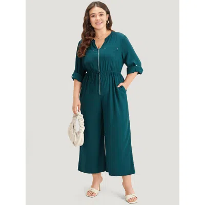 Bloomchic Women's Plus Size Notched Zipper Gathered Drawstring Jumpsuit Aegean Office 26/4x In Blue