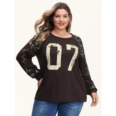 Bloomchic Women's Plus Size Number 07 Embroidered Relaxed-fit Sweatshirt Browncoffeecolor Casual 10/m