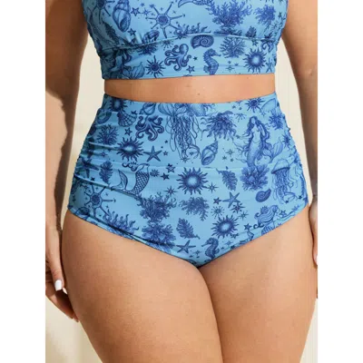 Bloomchic Women's Plus Size Ocean Elements Print Tummy-control Bikini Bottoms Skyblue Marine Elements Cropped  In Blue