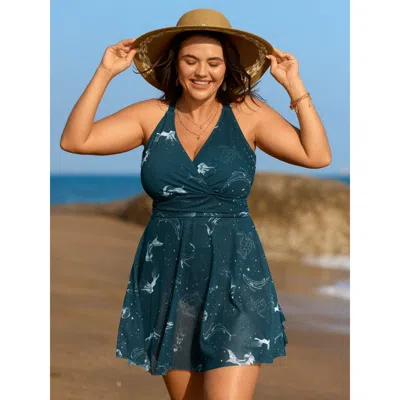 Bloomchic Women's Plus Size Ocean Pattern Mesh Surplice Swim Dress Aegean Ocean Print Mesh Panel Adaptive-fit  In Blue