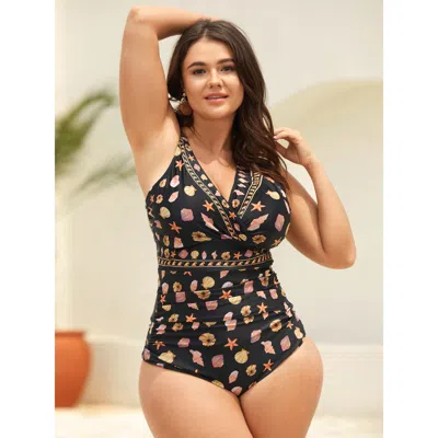 Bloomchic Women's Plus Size Ocean Pattern Ruched One-piece Swimsuit Black Marine Elements Gathered Adaptive-fi