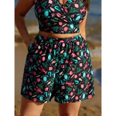 Bloomchic Women's Plus Size Ocean Print Pockets Swim Shorts Multicolor Ocean Print Short Ruched Elastic Waist 