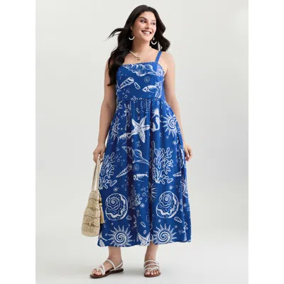 Bloomchic Women's Plus Size Ocean Print Shirred Adjustable Strap Maxi Dress Navy Marine Elements Maxi Vacation In Blue