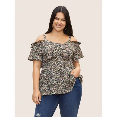 Bloomchic Women's Plus Size Off Shoulder Ditsy Floral Lace Panel Blouse Black Ditsy Floral Everyday Short Slee