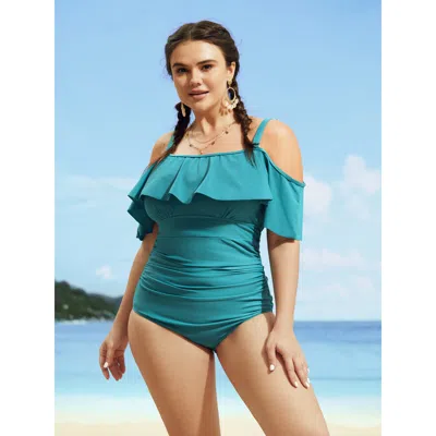 Bloomchic Women's Plus Size Off Shoulder Ruffle Trim One Piece Swimsuit Teal Non Gathered Adaptive-fit 30/6x In Blue