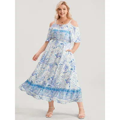 Bloomchic Women's Plus Size Off Shoulder Tie Neck Floral Print Midi Dress Blue Bohemian Print Maxi Vacation Ti
