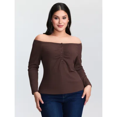 Bloomchic Women's Plus Size Off-shoulder Fitted Button T-shirt Darkbrown Synthetic Texture Elegant Long Sleeve In Brown