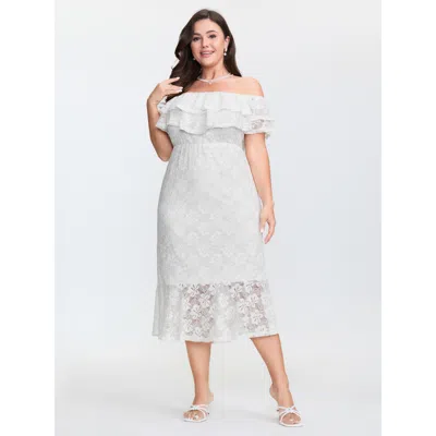 Bloomchic Women's Plus Size Off-shoulder Layered Neckline Midi Dress Ivory Synthetic Texture Midi Elegant Text In White