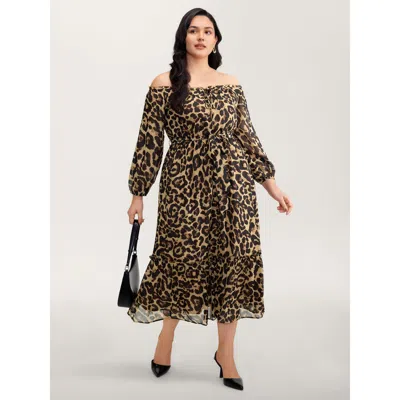 Bloomchic Women's Plus Size Off-shoulder Leopard Print Sheer Maxi Dress Leopard Animal Motif Maxi Elegant 22-2 In Brown