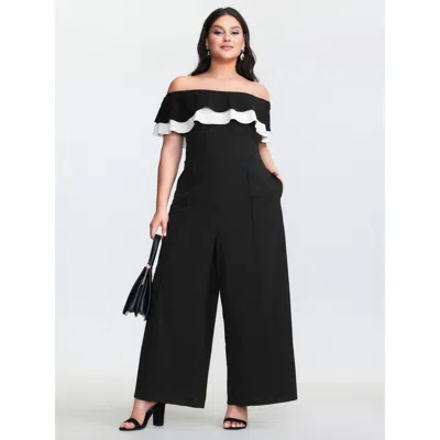 Bloomchic Women's Plus Size Off-shoulder Lotus Leaf Neckline Jumpsuit Black Elegant Fitted 12/l
