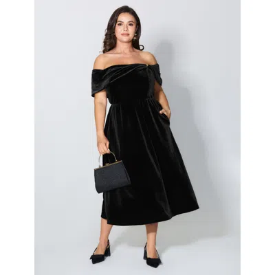 Bloomchic Women's Plus Size Off-shoulder Metallic Detail Pockets Midi Dress Black Non Midi Party 10/m