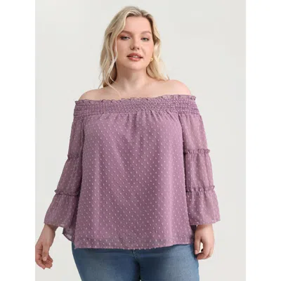 Bloomchic Women's Plus Size Off-shoulder Shirred Flared Sleeve Blouse Mauve Synthetic Texture Elegant Long Sle In Purple