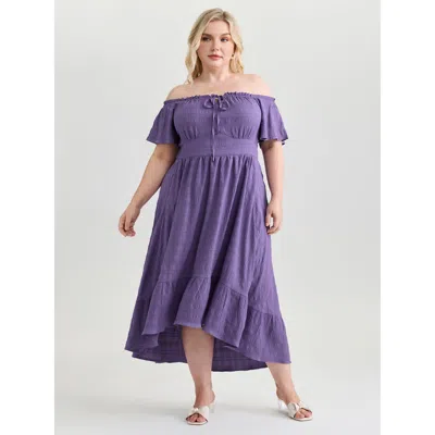 Bloomchic Women's Plus Size Off-shoulder Shirred High Low Hem Midi Dress Blueviolet Midi Elegant Smocked 18-20