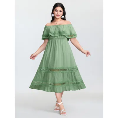 Bloomchic Women's Plus Size Off-shoulder Stretchy Waist Lace Trim Maxi Dress Greenbean Synthetic Texture Maxi 