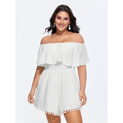 Bloomchic Women's Plus Size Off-shoulder Tassel Hem Romper Originalwhite Vacation 10/m