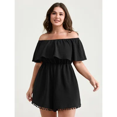 Bloomchic Women's Plus Size Off-shoulder Tassel Hem Romper Pureblack Vacation 10/m