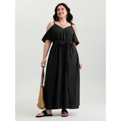 Bloomchic Women's Plus Size Off-shoulder Textured Waist-tie Maxi Dress Pureblack Synthetic Texture Maxi Vacati