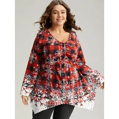 Bloomchic Women's Plus Size Oh-so-chilly Plaid Ties Hanky Hem Blouse Scarlet Festival-christmas Long Sleeve 10 In Red