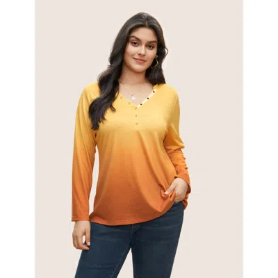 Bloomchic Women's Plus Size Ombre Contrast Button Up T-shirt Yellow Ombre Vacation Long Sleeve 12/l