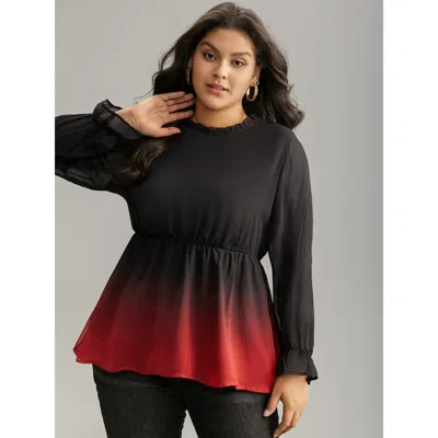 Bloomchic Women's Plus Size Ombre Contrast Frill Trim Ruffle Hem Blouse Black Party Long Sleeve 14-16/1x
