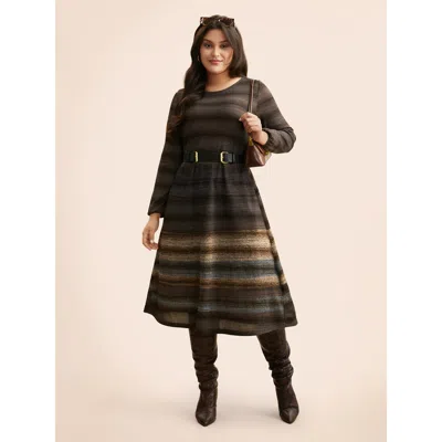 Bloomchic Women's Plus Size Ombre Contrast Lantern Sleeve Midi Dress Darkbrown Ombre Midi Everyday Texture 30/ In Brown