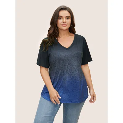 Bloomchic Women's Plus Size Ombre Contrast Patched Pocket T-shirt Black Ombre Casual Short Sleeve V-neck 10/m
