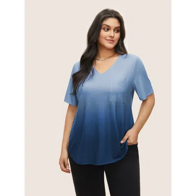 Bloomchic Women's Plus Size Ombre Contrast Patched Pocket T-shirt Cerulean Ombre Casual Short Sleeve V-neck 10 In Blue