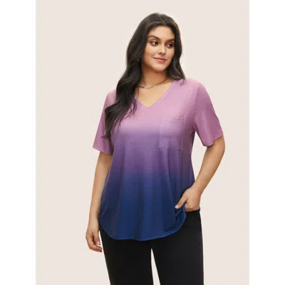 Bloomchic Women's Plus Size Ombre Contrast Patched Pocket T-shirt Multicolor Ombre Casual Short Sleeve V-neck 