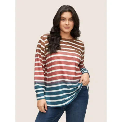 Bloomchic Women's Plus Size Ombre Contrast Striped Patched Pocket Sweatshirt Multicolor Striped Everyday 12/l
