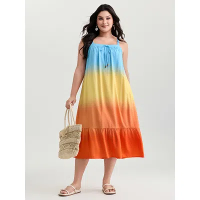Bloomchic Women's Plus Size Ombre Drawstring Neckline Tiered Midi Dress Multicolor Gradient Dyeing Midi Vacati
