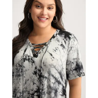 Bloomchic Women's Plus Size Ombre Gradient Cross-tie Neck T-shirt Black Tie-dye Casual Short Sleeve 10/m