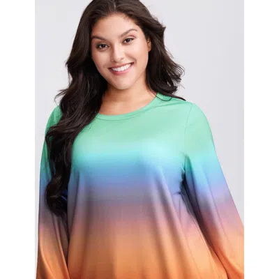 Bloomchic Women's Plus Size Ombre Gradient Elastic Hem Sweatshirt Malachitegreen Not Graphics Casual Round Nec