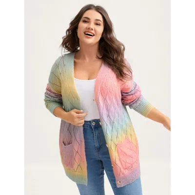 Bloomchic Women's Plus Size Ombre Gradient Eyelet Trim Knit Cardigan Multicolor Long Sleeve V-neck 12/l