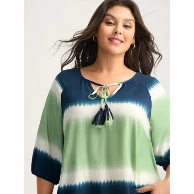Bloomchic Women's Plus Size Ombre Gradient Neck Tie Blouse Multicolor Ombre Vacation 3/4 Sleeve V-notch Neck 1