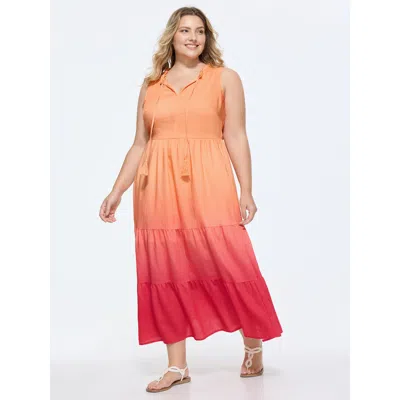 Bloomchic Women's Plus Size Ombre Gradient Neck-tie Tiered Maxi Dress Salmon Ombre Maxi Casual Lace-up 12/l In Pink