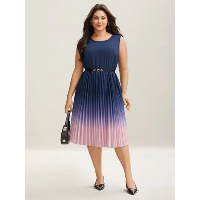Bloomchic Women's Plus Size Ombre Gradient Pleated Sleeveless Midi Dress Navy Ombre Midi Office Lace-up 28/5x In Blue