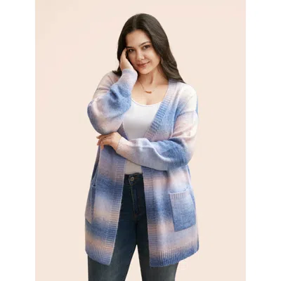Bloomchic Women's Plus Size Ombre Kimono Collar Patched Pocket Cardigan Multicolor Long Sleeve 12/l