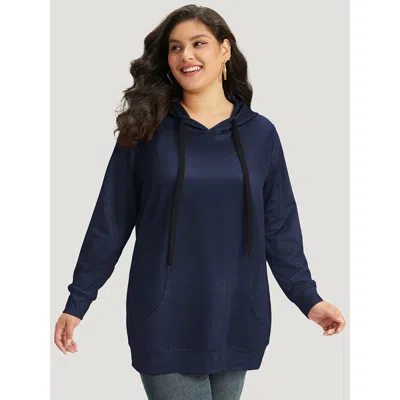 Bloomchic Women's Plus Size Ombre Pocket Drawstring Hooded Sweatshirt Darkblue Not Graphics Casual Hooded Neck In Blue