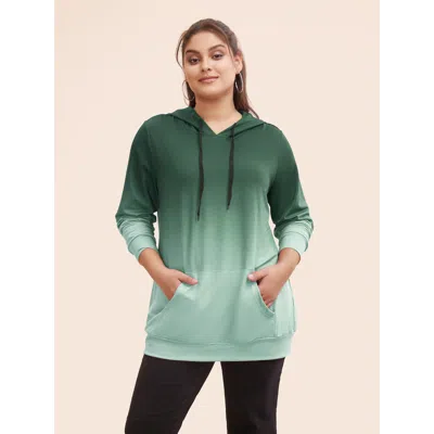 Bloomchic Women's Plus Size Ombre Pocket Drawstring Hooded Sweatshirt Green Not Graphics Casual Hooded Neck 10