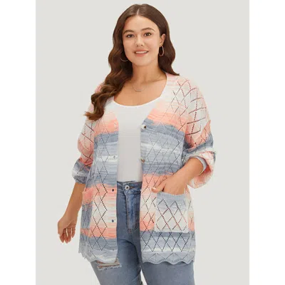 Bloomchic Women's Plus Size Ombre Pocket Scalloped Trim Button Down Cardigan Coral Long Sleeve 12/l In Orange