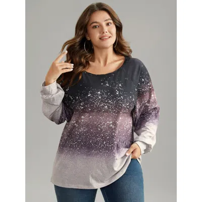 Bloomchic Women's Plus Size Ombre Raglan Sleeve Contrast T-shirt Multicolor Tarot Everyday Long Sleeve Round N