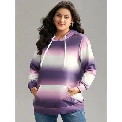 Bloomchic Women's Plus Size Ombre Striped Kangaroo Pocket Hooded Sweatshirt Lilac Striped Dailywear 10/m In Purple