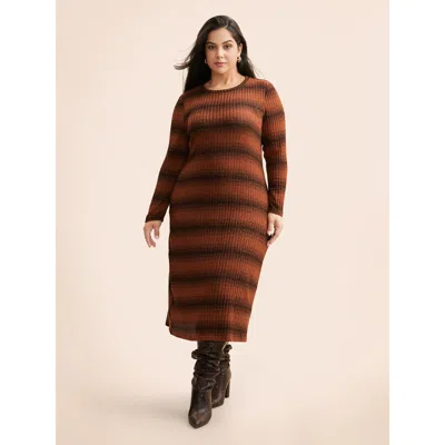 Bloomchic Women's Plus Size Ombre Striped Rib Knit Slim Fit Dress Orangered Stripes Midi Everyday Texture 12/l