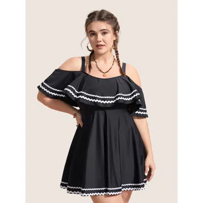 Bloomchic Women's Plus Size One Shoulder Neck Woven Ribbon Swim Dress Black Non Woven Ribbon&lace Trim Adaptiv